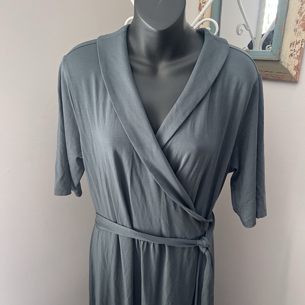 Quince Tencel Jersey Midi Wrap Dress Dark Olive Basic Sleeved XL Stretch NWT - Picture 3 of 8